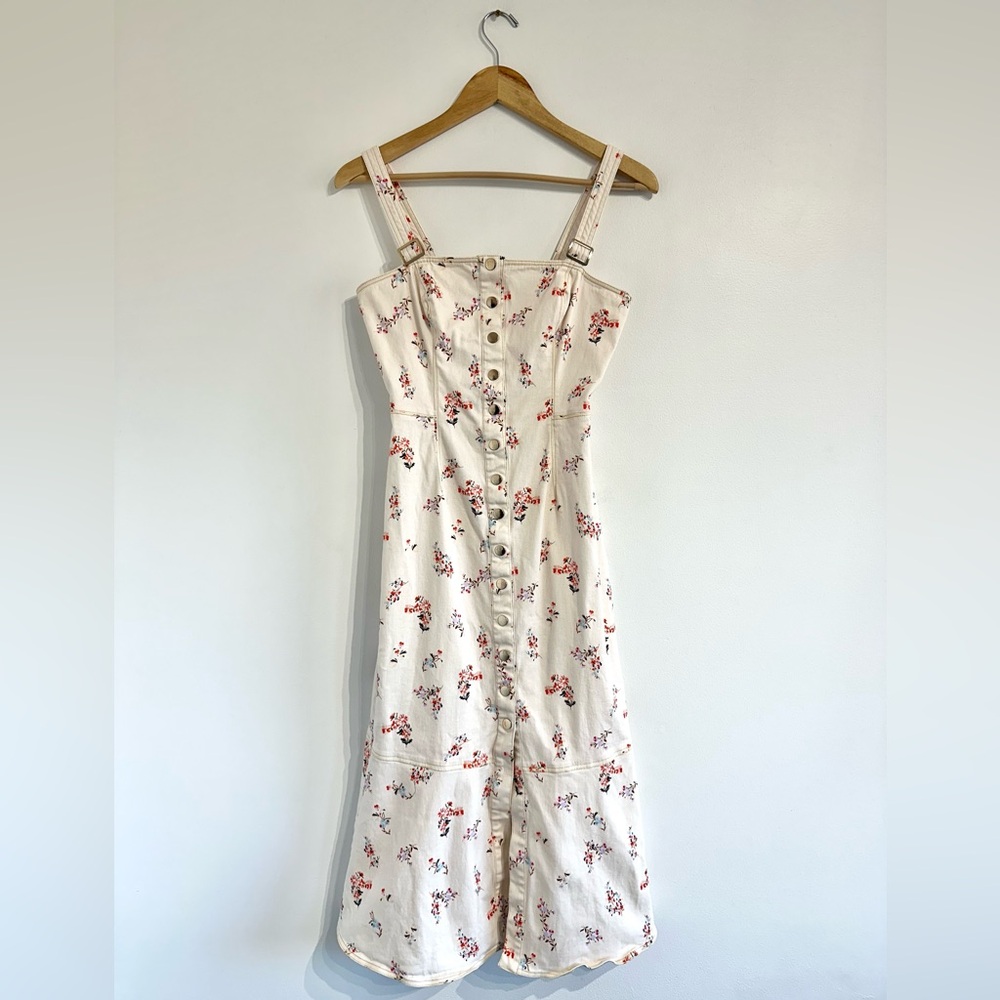 Finders Keepers Frankie Midi Dress in Nude Floral snap button front overalls - Picture 2 of 11